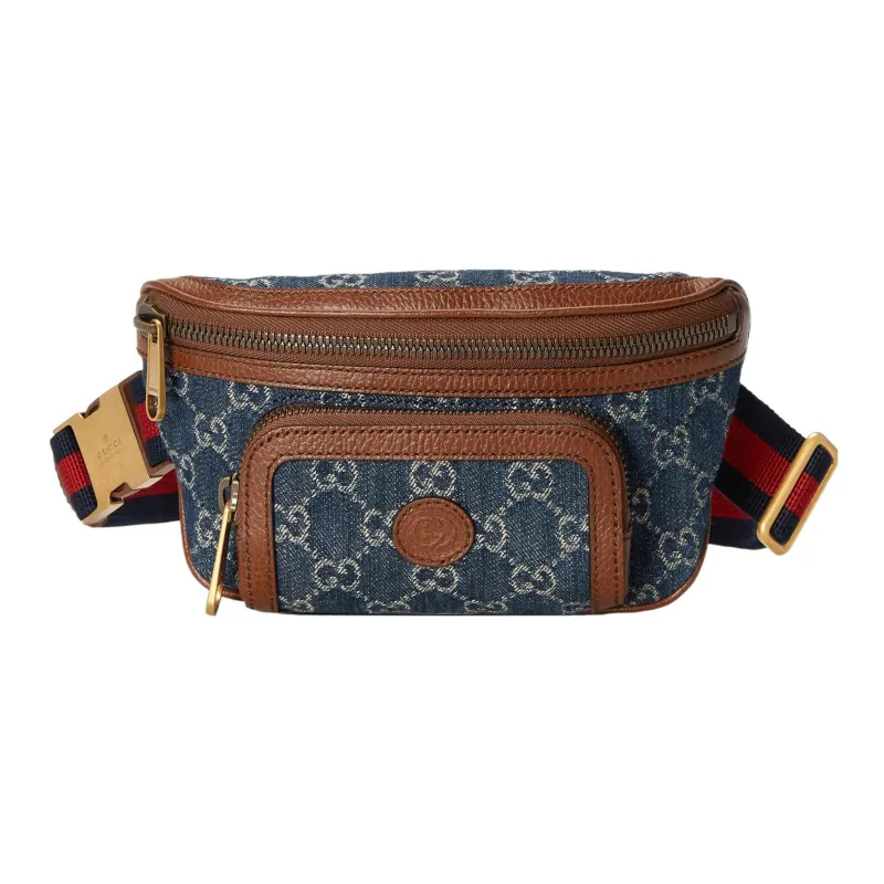GUCCI Denim Embroidered Patchwork With Leather Trim Fanny Pack Women's Blue-0
