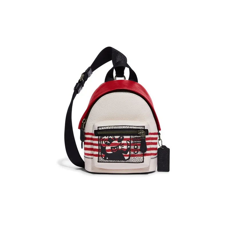 COACH Disney X Keith Haring Collaboration West Pebbled Leather Backpack Chest Bag Shoulder Bag Mini Unisex White & Red-0