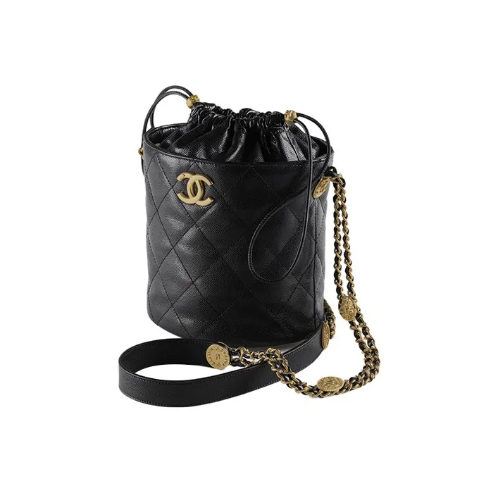 CHANEL Grain Embossed Caviar Cow Leather Bucket Bag, Shoulder Bag, Crossbody Bag Trumpets Women's Black-1