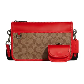COACH Heritage Cow Leather One Shoulder Handbag, Crossbody Bag Medium Size Men's Brown & Red