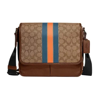 COACH Thompson Fabric With Pebbled Leather Shoulder Bag Crossbody Bag Medium Size Men's Brown & Orange & Blue