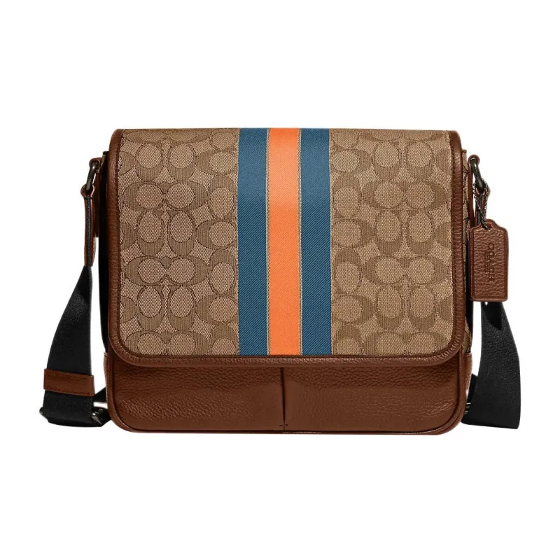 COACH Thompson Fabric With Pebbled Leather Shoulder Bag Crossbody Bag Medium Size Men's Brown & Orange & Blue-0