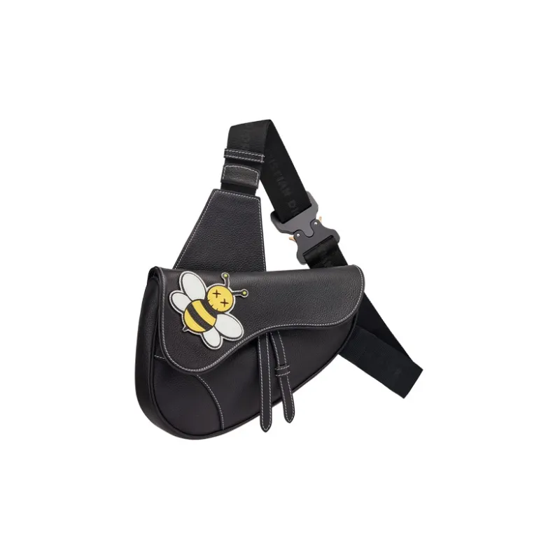 DIOR KAWS Collaboration Saddle Calfskin Bee Saddle Bag Fanny Pack Sling Bag Shoulder Bag Crossbody Bag Men's Black-1