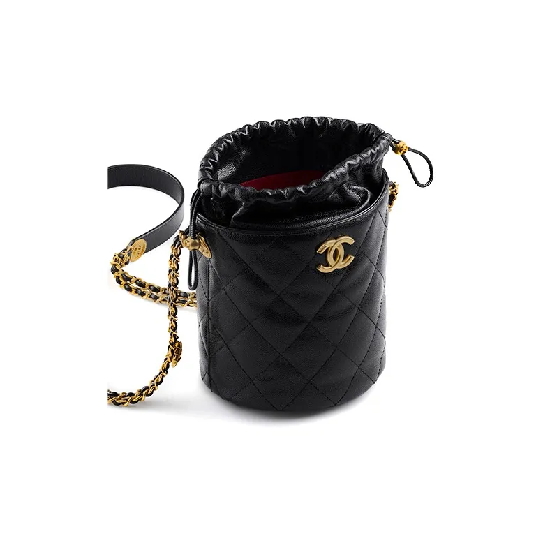CHANEL Grain Embossed Caviar Cow Leather Bucket Bag, Shoulder Bag, Crossbody Bag Trumpets Women's Black-2