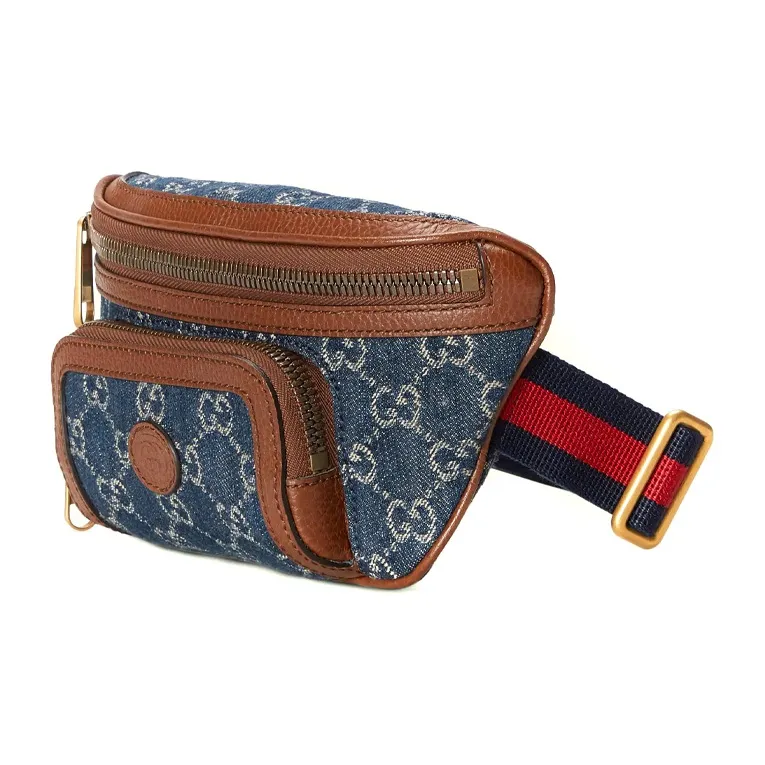 GUCCI Denim Embroidered Patchwork With Leather Trim Fanny Pack Women's Blue-1