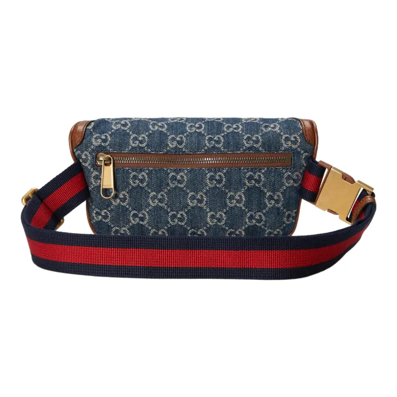 GUCCI Denim Embroidered Patchwork With Leather Trim Fanny Pack Women's Blue-2
