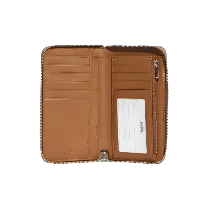 COACH Id Zip Wallet Leather Clutches Wallets Medium Size Women's Apricot/Silver-Brown-1