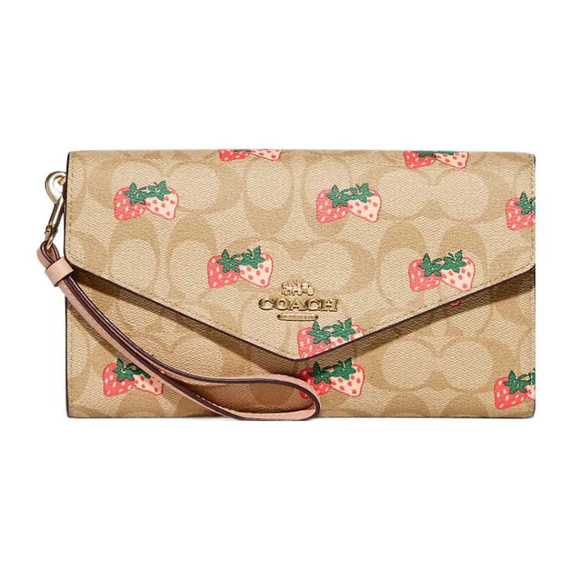 COACH Envelope Leather Envelope Bag Clutch Wallet Trumpets Women's Khaki-0