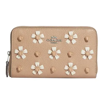 COACH Id Zip Wallet Leather Clutches Wallets Medium Size Women's Apricot/Silver-Brown