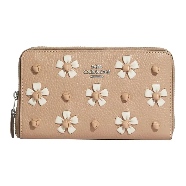 COACH Id Zip Wallet Leather Clutches Wallets Medium Size Women's Apricot/Silver-Brown-0