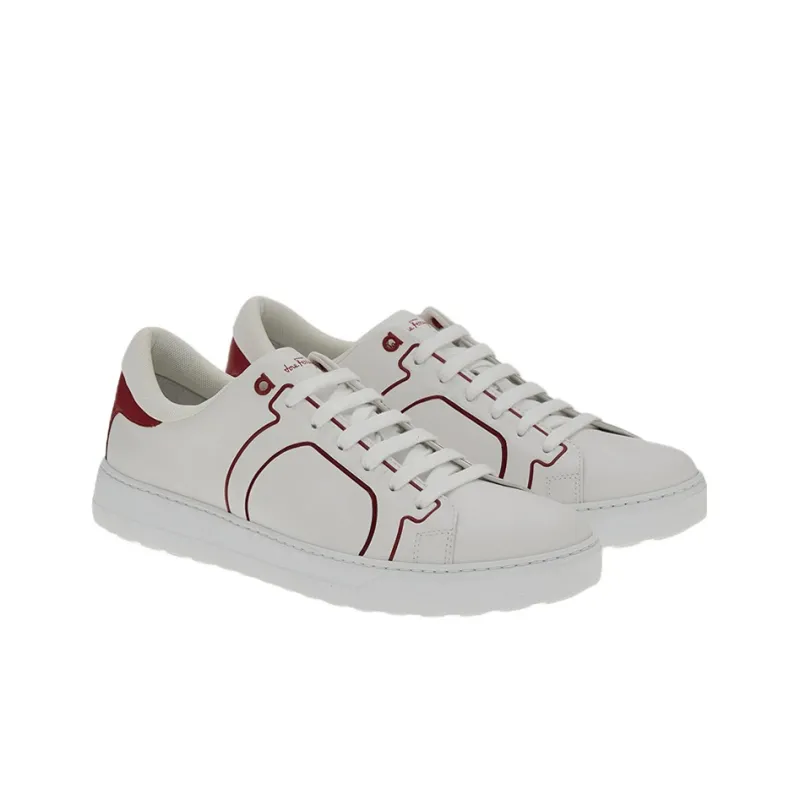 FERRAGAMO Low Top Stylish Skateboarding Shoes Men's White Red-2