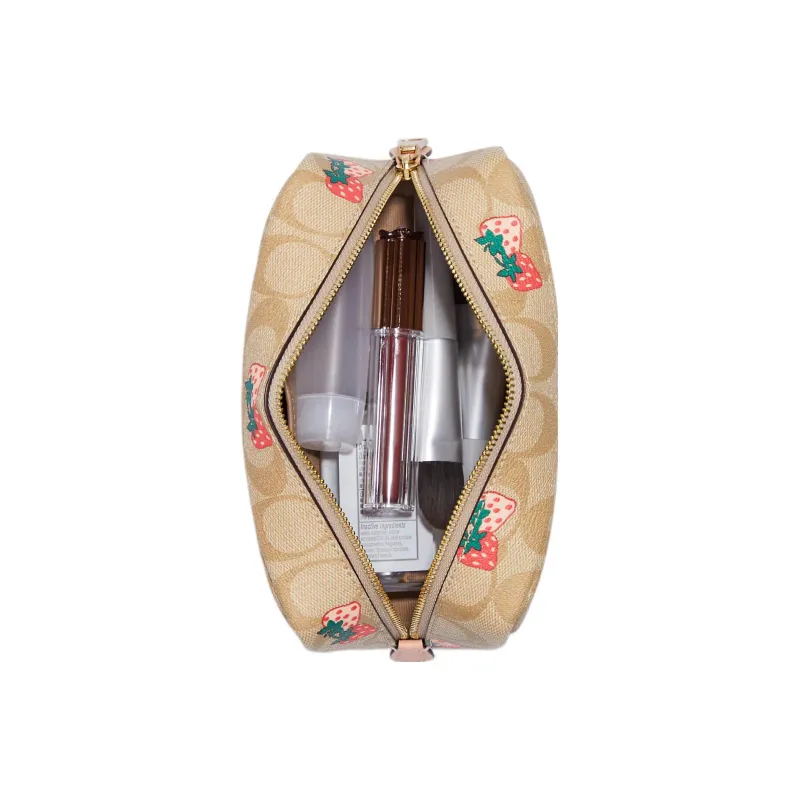 COACH Boxy Coated Canvas With Leather Toiletry Bag Clutch Square Bag Makeup Bag Small Size Women's Khaki-4