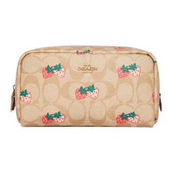 COACH Boxy Coated Canvas With Leather Toiletry Bag Clutch Square Bag Makeup Bag Small Size Women's Khaki