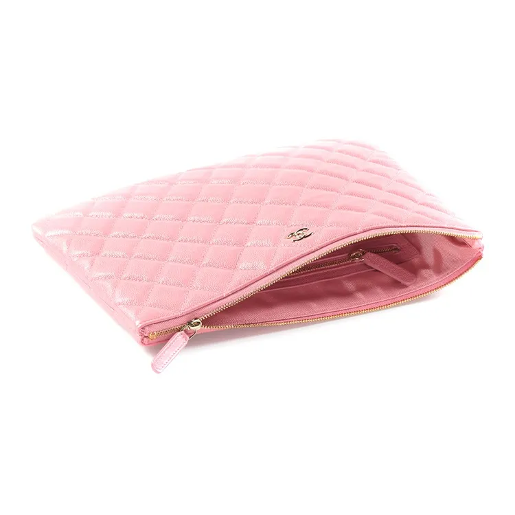 CHANEL Grain Embossed Shiny Calfskin With Gold Metal Clutch Women's Pink-2