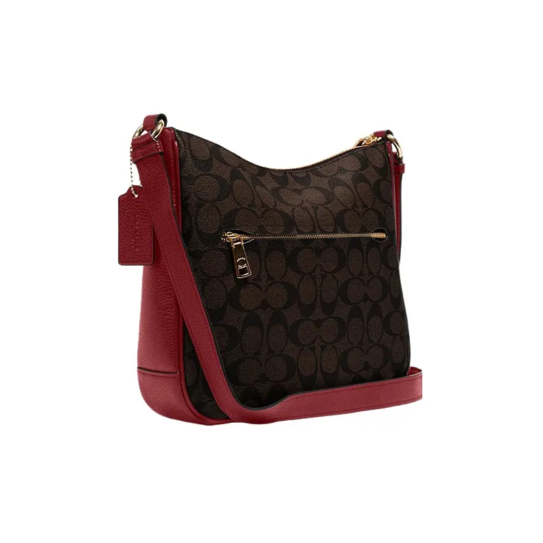 COACH Ellie Classic Monogram Canvas And Pebbled Leather Handbag, Crossbody Bag Medium Size Women's Brown & Red-1