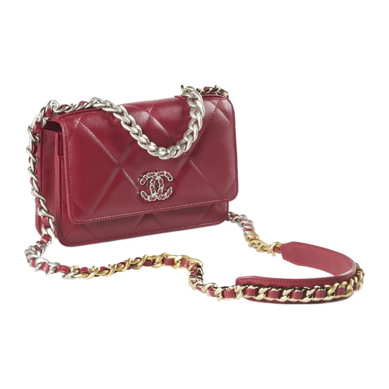 CHANEL 19Bag Lambskin Gold Silver And Ruthenium Colored Metal Shoulder Bag, Crossbody Bag Women's Burgundy-1