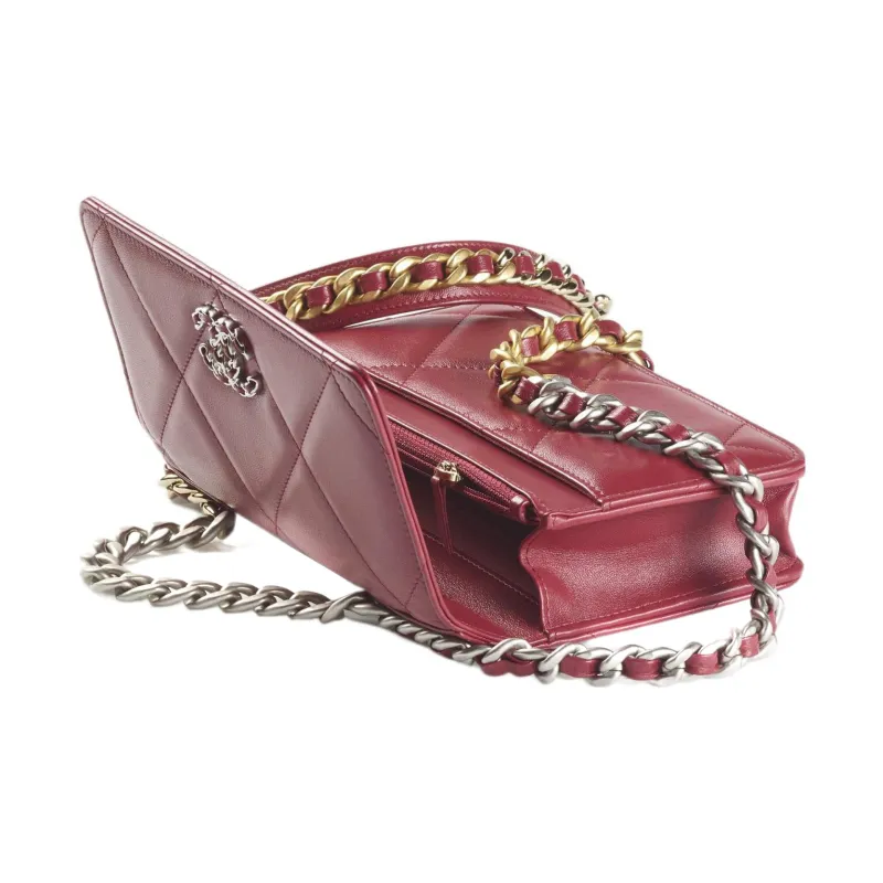 CHANEL 19Bag Lambskin Gold Silver And Ruthenium Colored Metal Shoulder Bag, Crossbody Bag Women's Burgundy-2