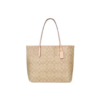 COACH City Canvas With Smooth Leather Tote Bag Shopping Bag Handbag Shoulder Bag Large Size Women's Khaki