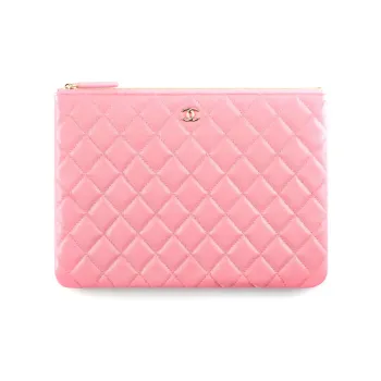 CHANEL Grain Embossed Shiny Calfskin With Gold Metal Clutch Women's Pink
