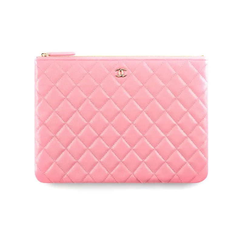 CHANEL Grain Embossed Shiny Calfskin With Gold Metal Clutch Women's Pink-0