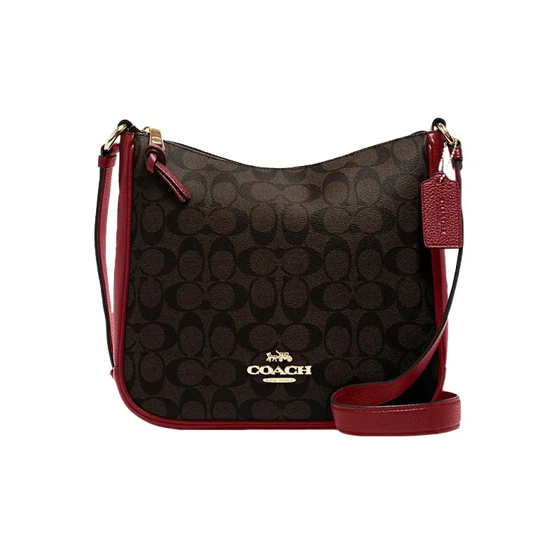 COACH Ellie Classic Monogram Canvas And Pebbled Leather Handbag, Crossbody Bag Medium Size Women's Brown & Red-0