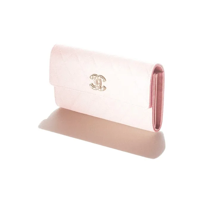 CHANEL Grain Embossed Shiny Calfskin With Gold Metal Flap Wallet Women's Light Pink-1