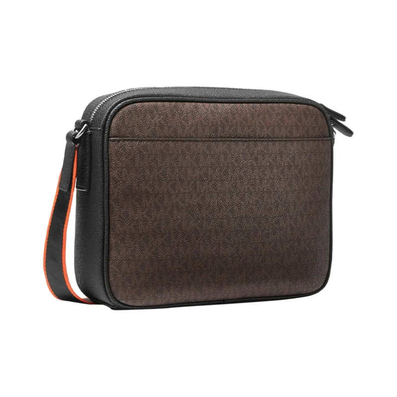 MICHAEL KORS Hudson Artificial Leather Crossbody Bag Medium Size Men's Dark Brown & Black & Orange Red-1