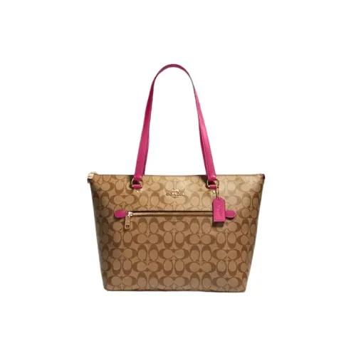 COACH Gallery Canvas With Leather Tote Bag, Shopping Bag, Handbag, Shoulder Bag Women's Dark Brown & Rose Red