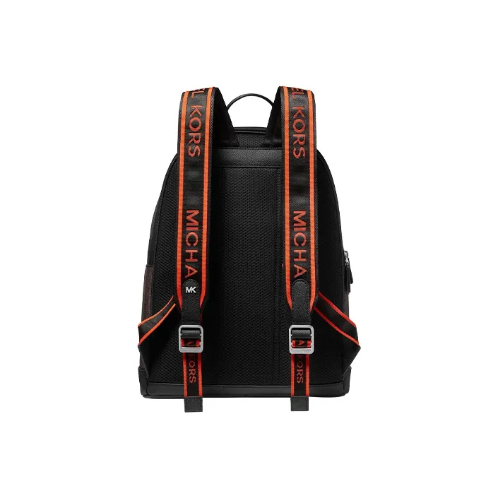 MICHAEL KORS Hudson Artificial Leather Laminated Fabric Backpack Large Size Men's Dark Brown & Black & Orange Red-1