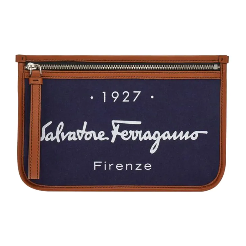 FERRAGAMO Fabric With Leather Clutch Men's Blue-0