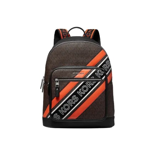 MICHAEL KORS Hudson Artificial Leather Laminated Fabric Backpack Large Size Men's Dark Brown & Black & Orange Red