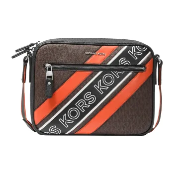 MICHAEL KORS Hudson Artificial Leather Crossbody Bag Medium Size Men's Dark Brown & Black & Orange Red
