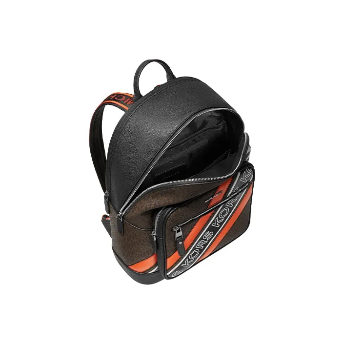 MICHAEL KORS Hudson Artificial Leather Laminated Fabric Backpack Large Size Men's Dark Brown & Black & Orange Red-2
