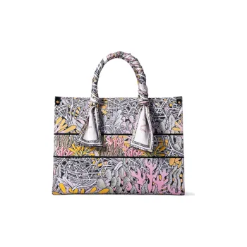 FION Fabric Tote Bag, Shopping Bag, Shoulder Bag, Handbag Large Size Women's Dark Blue/Pink