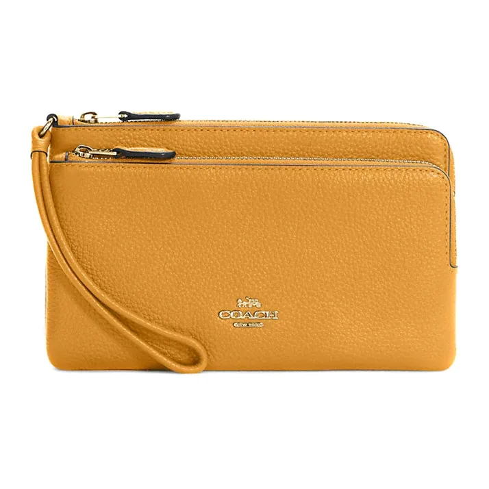 COACH Double Zip Wallet Leather Clutch Card Holder Wallet Medium Size Women's Mustard Yellow-0