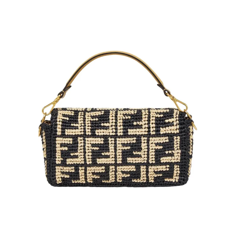 FENDI Baguette Canvas Baguette Bag Canvas Bag Shoulder Bag Crossbody Bag Handbag Medium Size Women's Beige/Black-3