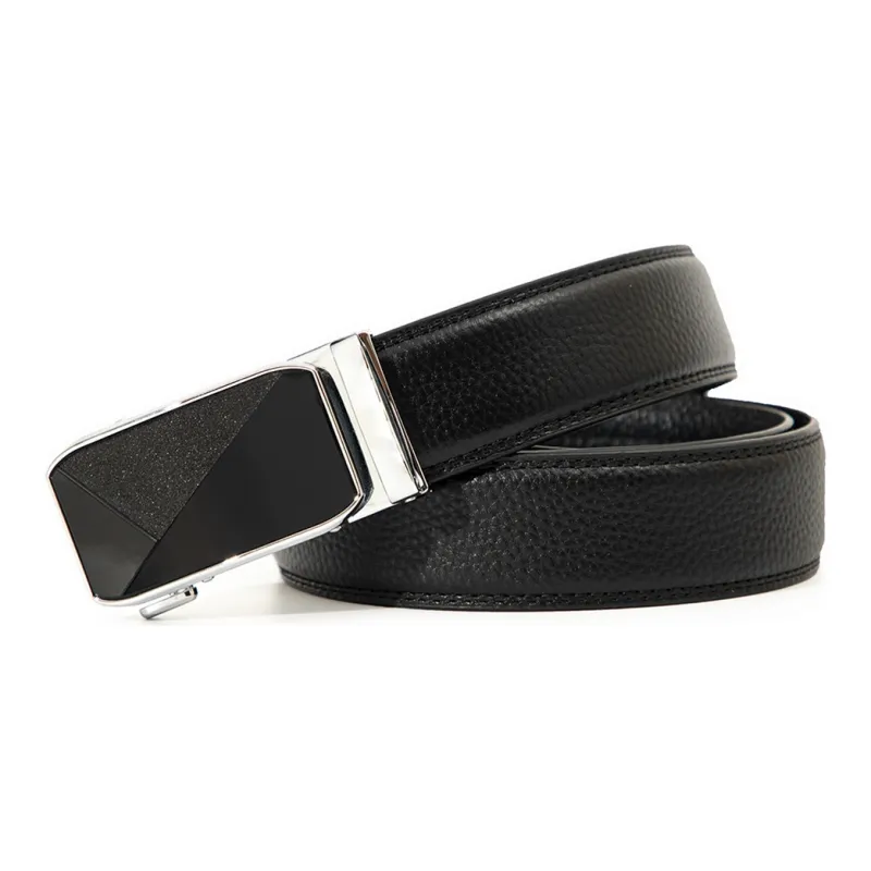 BAIJUAN Leather Belts Men Silver Buckle Black Strap-1