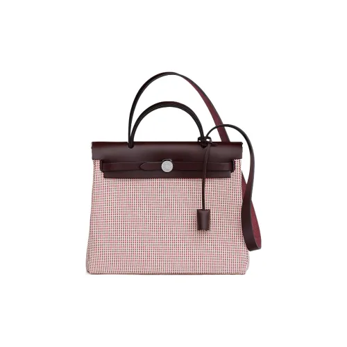 HERMES Herbag Zip Cowhide Patchwork Canvas Handbags Shoulder Bag Crossbody Bag Regular Unisex Saddle Red Woven