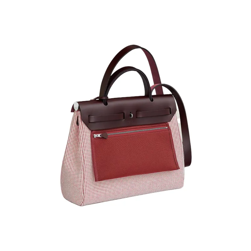 HERMES Herbag Zip Cowhide Patchwork Canvas Handbags Shoulder Bag Crossbody Bag Regular Unisex Saddle Red Woven-2