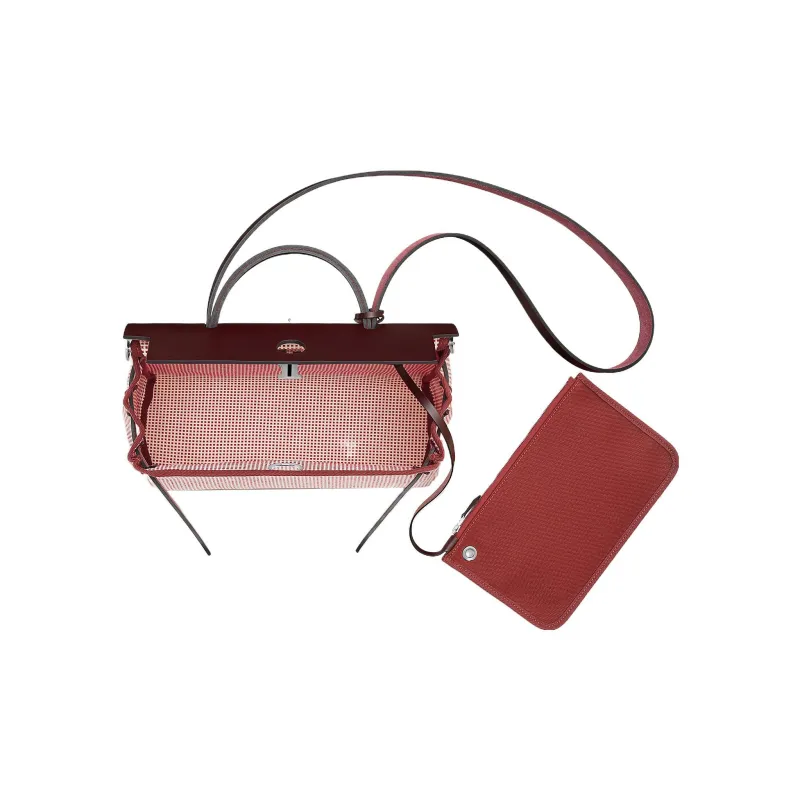 HERMES Herbag Zip Cowhide Patchwork Canvas Handbags Shoulder Bag Crossbody Bag Regular Unisex Saddle Red Woven-3