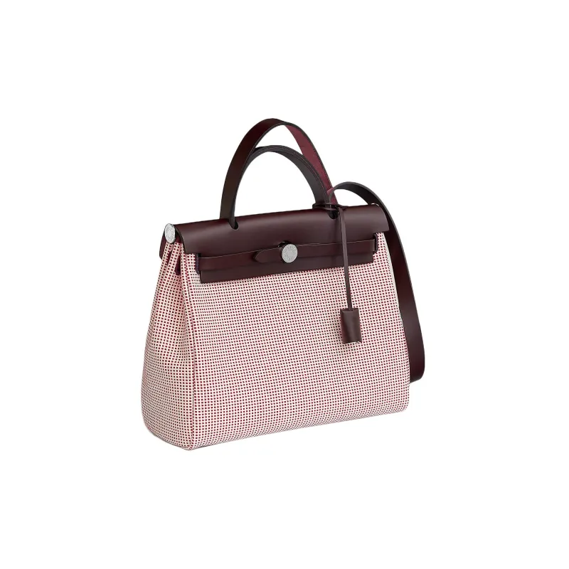 HERMES Herbag Zip Cowhide Patchwork Canvas Handbags Shoulder Bag Crossbody Bag Regular Unisex Saddle Red Woven-1