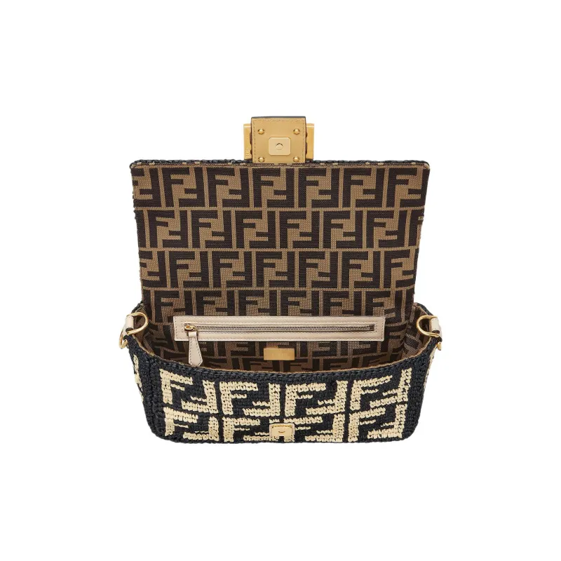 FENDI Baguette Canvas Baguette Bag Canvas Bag Shoulder Bag Crossbody Bag Handbag Medium Size Women's Beige/Black-2