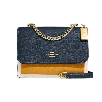 COACH Klare Leather Trunk Bag, Shoulder Bag, Crossbody Bag Small Size Women's Navy Blue & Yellow