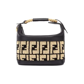 FENDI Raffia Lunch Box Bag Handbag Medium Size Women's Beige/Black