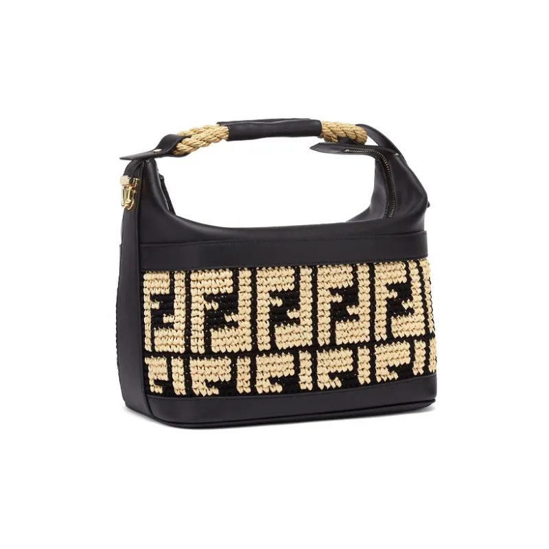 FENDI Raffia Lunch Box Bag Handbag Medium Size Women's Beige/Black-2