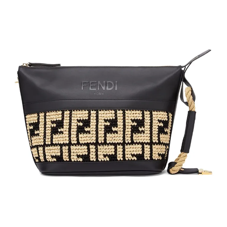FENDI Raffia Lunch Box Bag Handbag Medium Size Women's Beige/Black-1