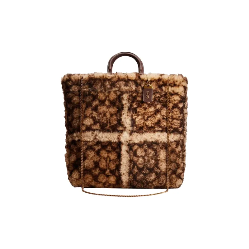 COACH Rogue Plush Material Tote Tot Shoulder Bag Crossbody Bag Handbag Large Size Women's Brown-0