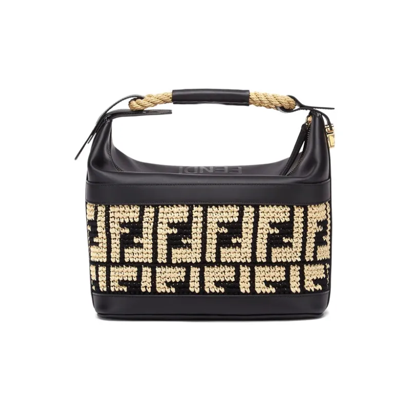 FENDI Raffia Lunch Box Bag Handbag Medium Size Women's Beige/Black-3