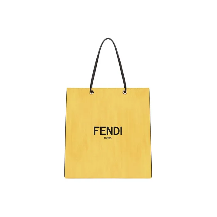 FENDI Leather Tote Bag Shopping Bag Shoulder Bags Medium Size Men's Yellow-0