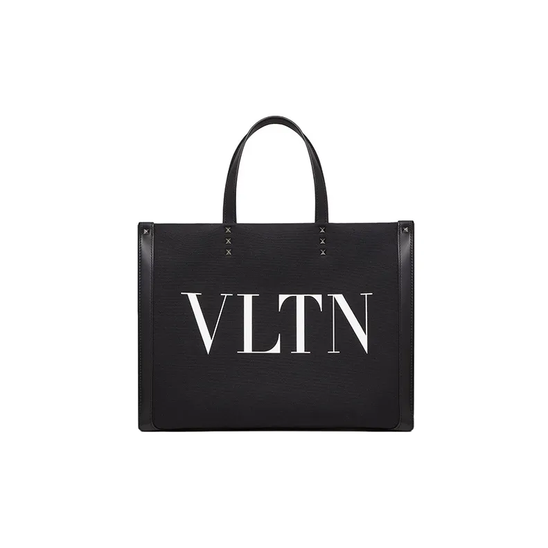 Valentino VLTN Cow Leather Tote Shopping Bags Medium Size Men's Black/White-0
